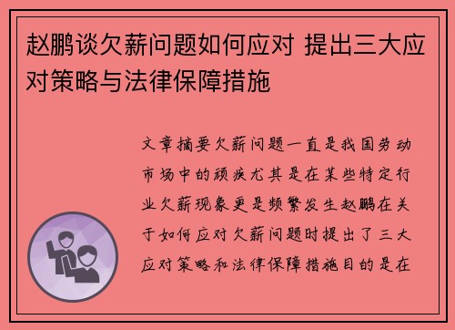 赵鹏谈欠薪问题如何应对 提出三大应对策略与法律保障措施